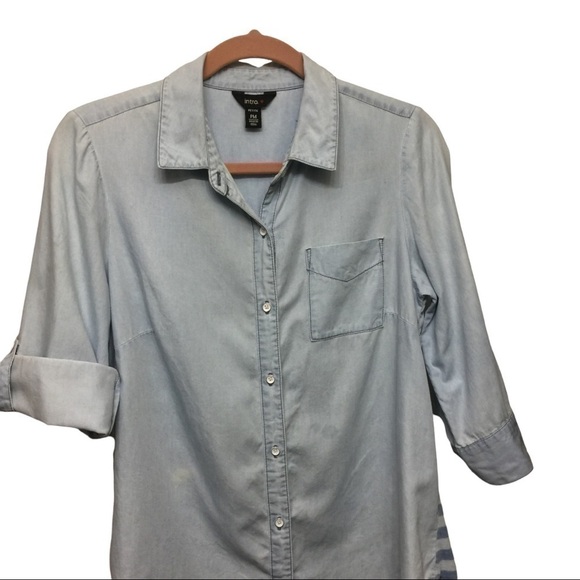 Chambray petite Button Down Cotton/lyocell Shirt Solid Front/Sleeves Stripe back - Picture 1 of 8